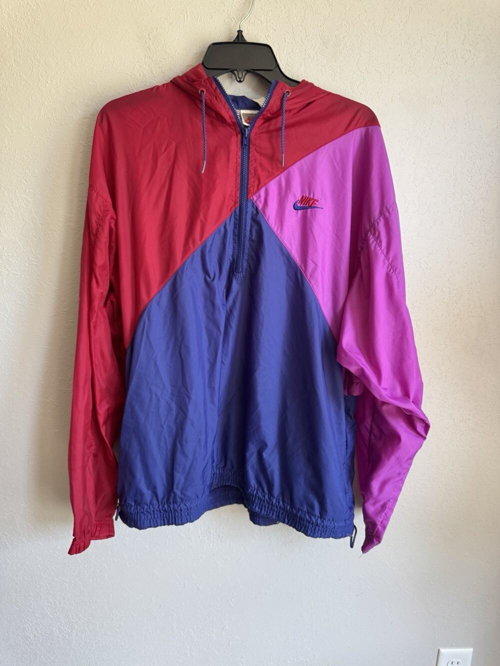 Vintage 80s 90s Nike Gray Label Red Pink Blue Colorblock Rain Quarter Zip Men L